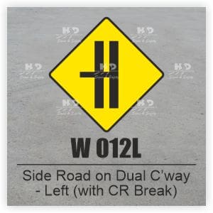 W012L - Side Road on Dual Carriageway  with Central Reserve Break - Left
